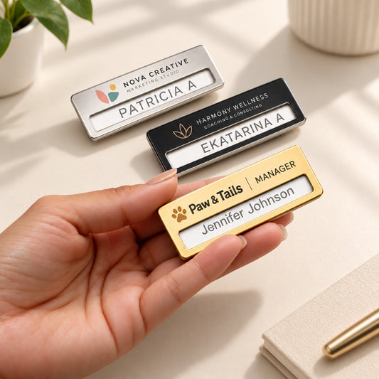 Silver, black and gold name badges printed in full color with business logos