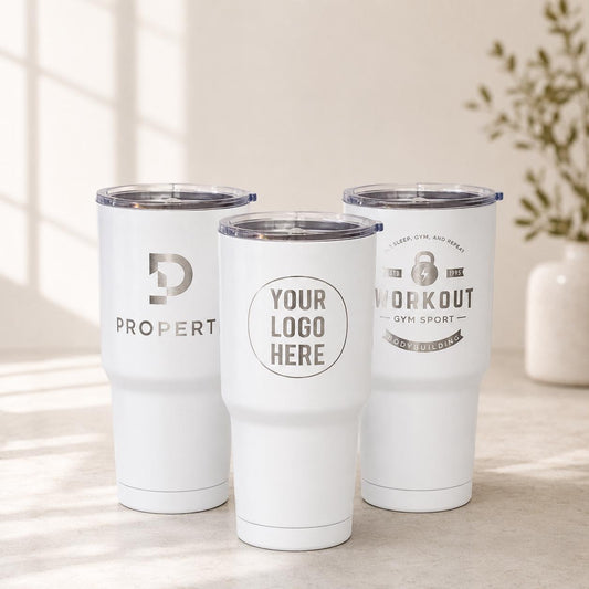 Custom 30oz logo tumbler with silver laser finish