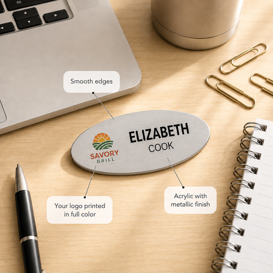 Oval employee name tag printed in full color with restaurant logo and job title