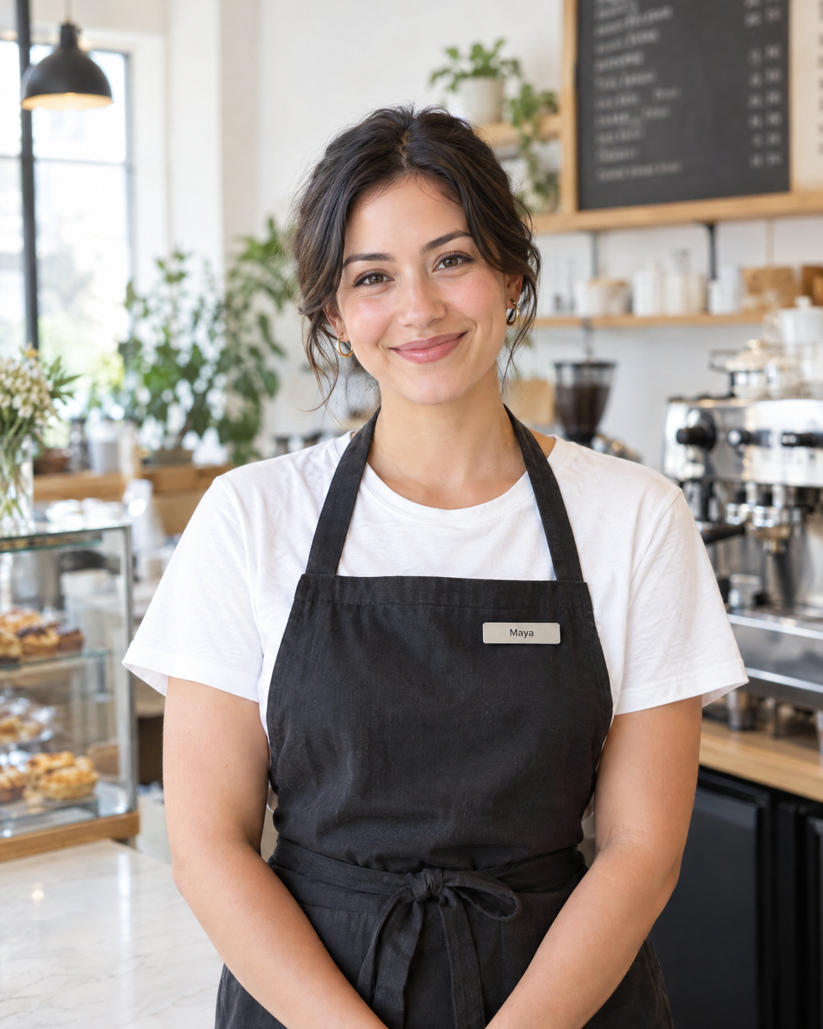 Cafe team member wearing a custom silver name tag on her apron