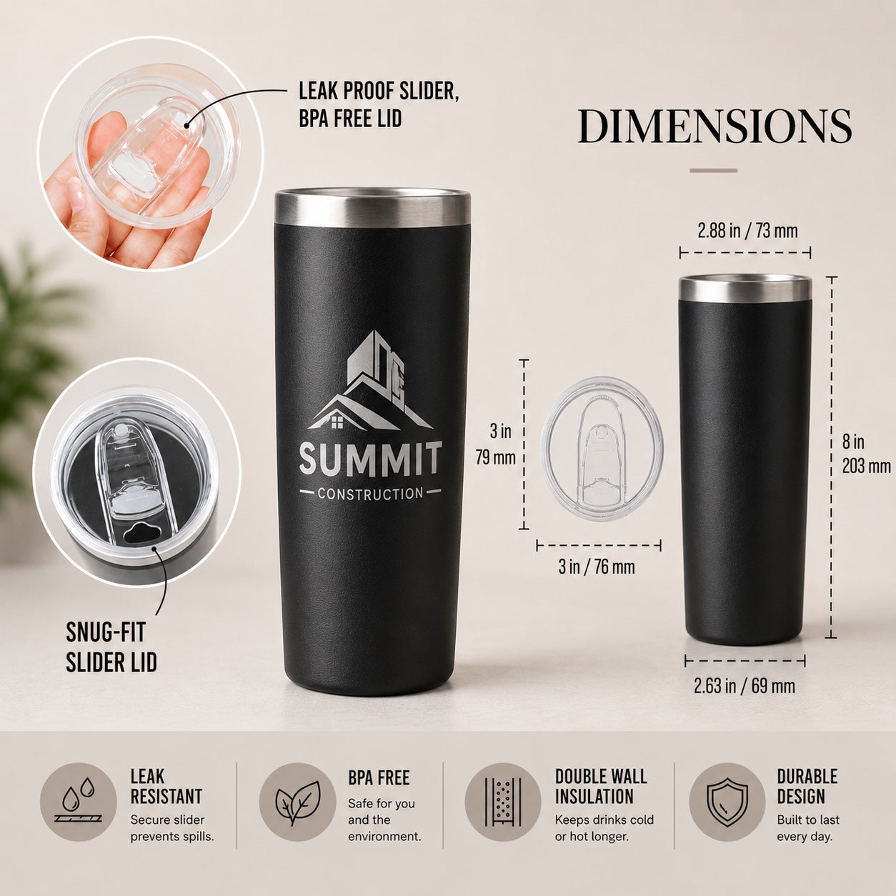 Custom Logo Tumbler 20oz, Laser Engraved Stainless Steel for Business Gifts & Teams