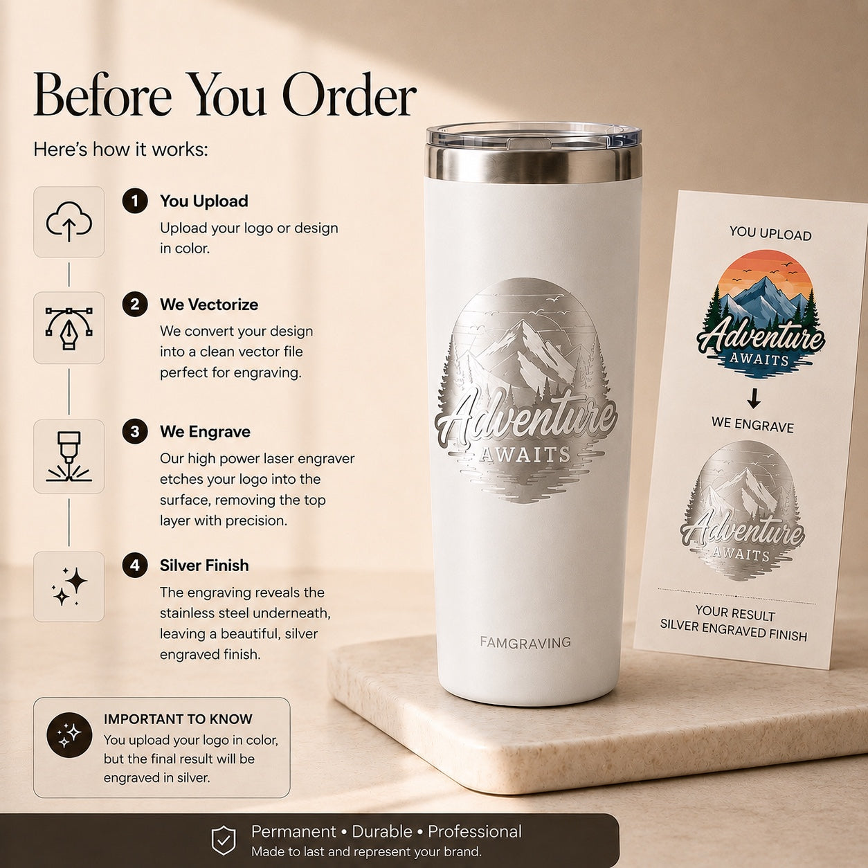 Custom Logo Tumbler 20oz, Laser Engraved Stainless Steel for Business Gifts & Teams