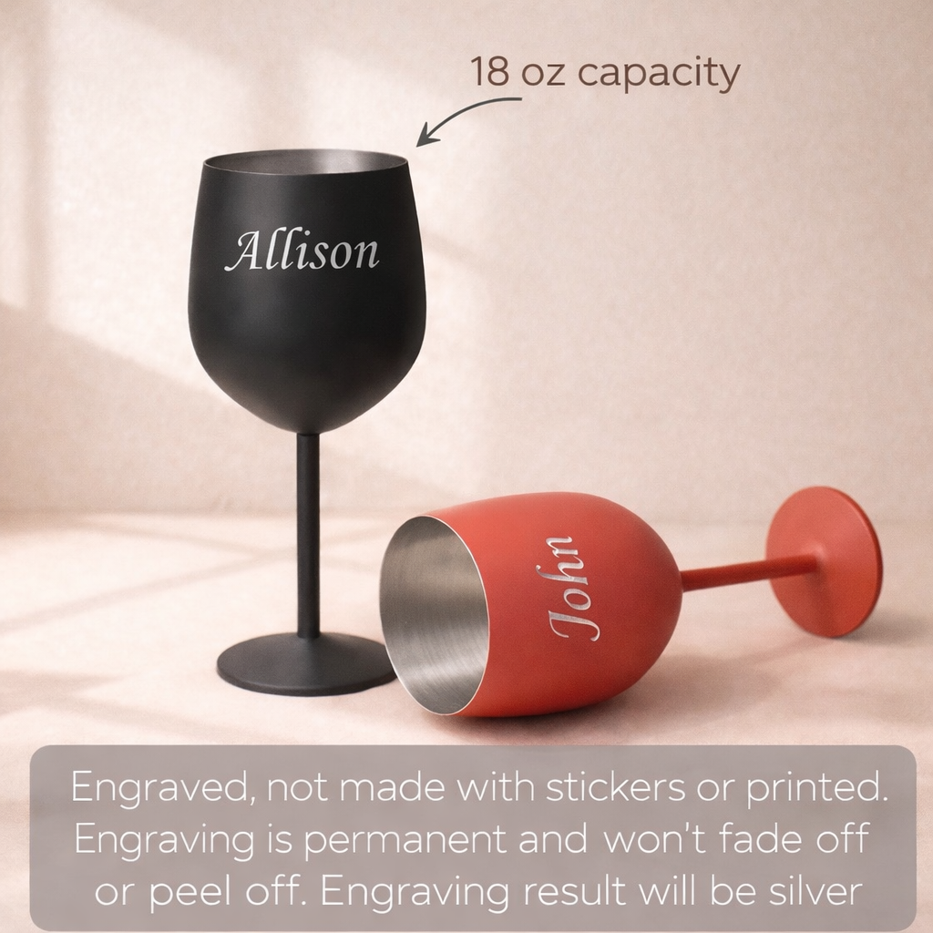 Black wine glass and red cup with engraved names on a beige background