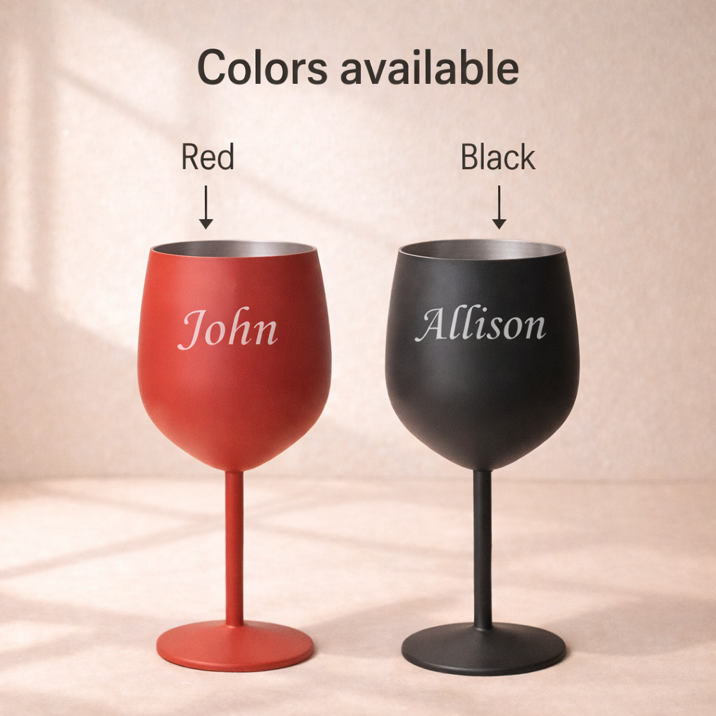 Two wine glasses, one red and one black, with names 'John' and 'Allison' respectively on a beige background.