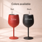 Two wine glasses, one red and one black, with names 'John' and 'Allison' respectively on a beige background.
