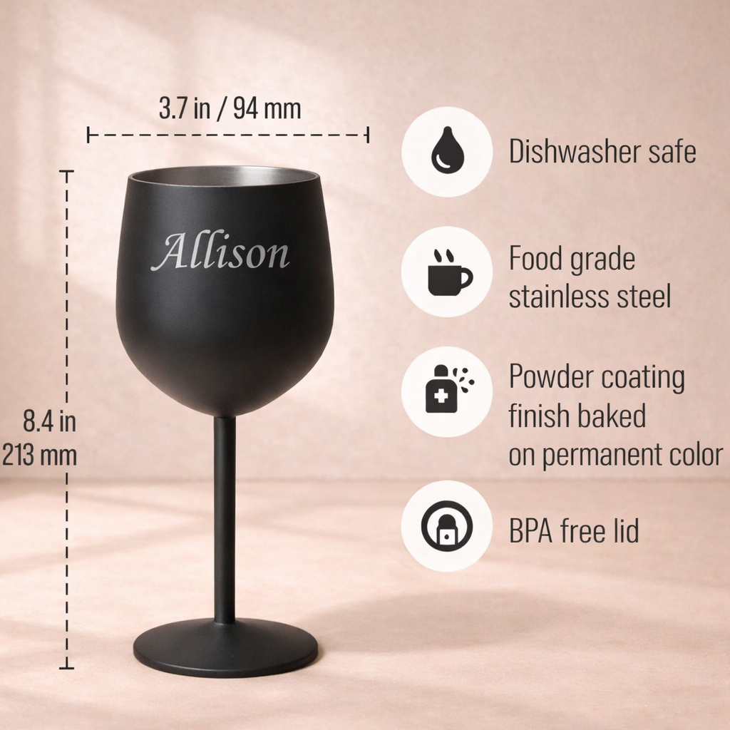 Black wine glass with 'Allison' engraved, featuring product details on a beige background