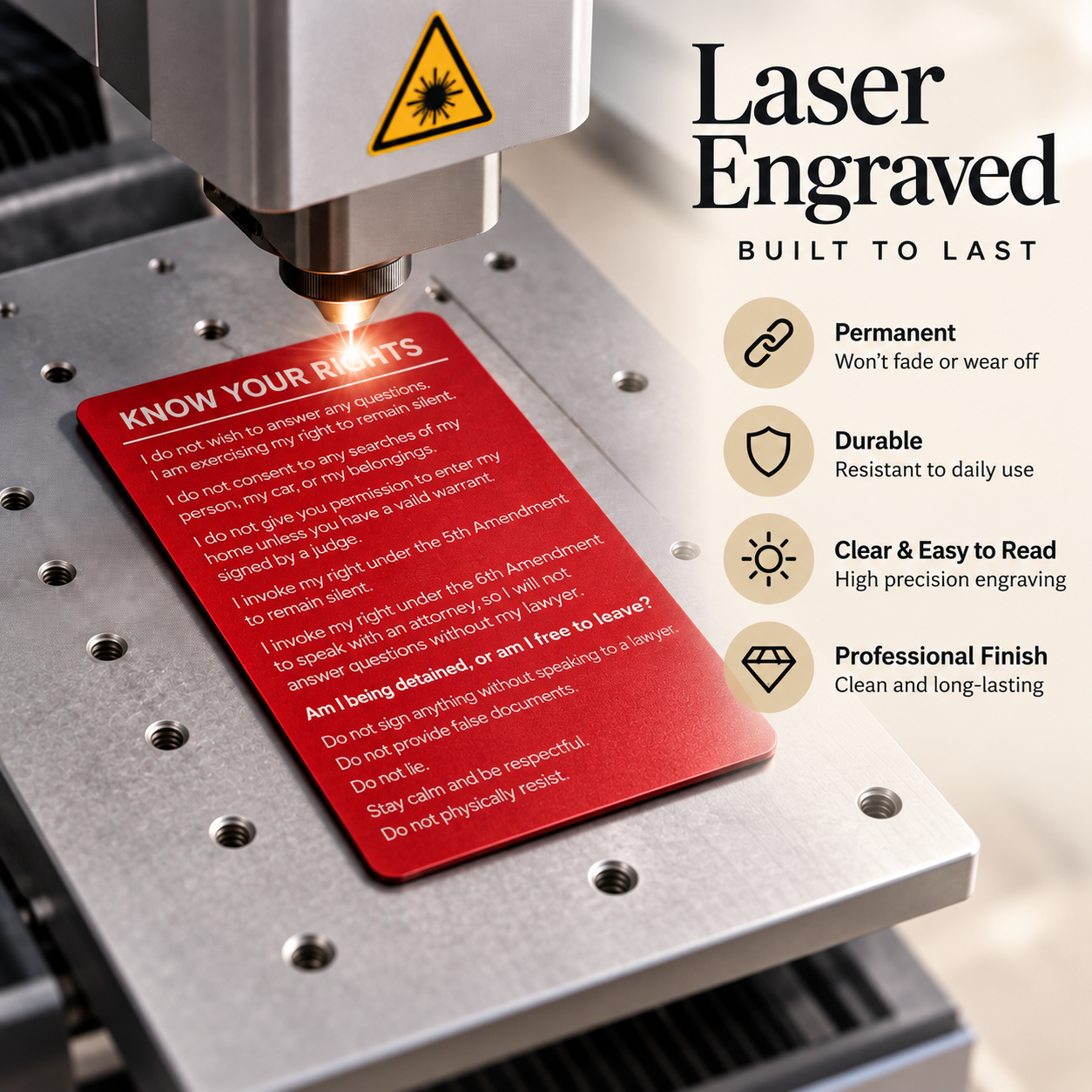 Know Your Rights Card, Laser Engraved Aluminum Wallet Card in English and Spanish