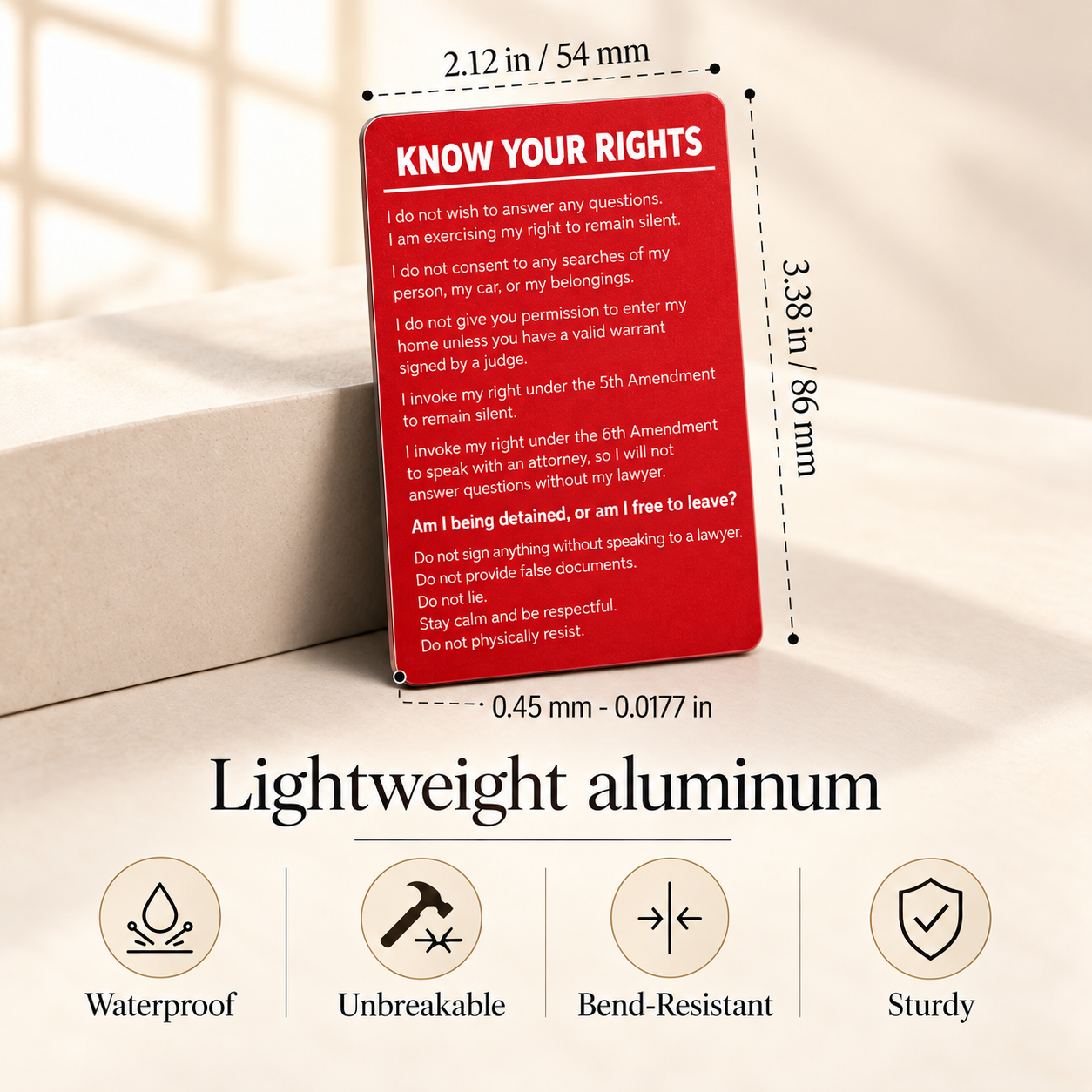 Know Your Rights Card, Laser Engraved Aluminum Wallet Card in English and Spanish