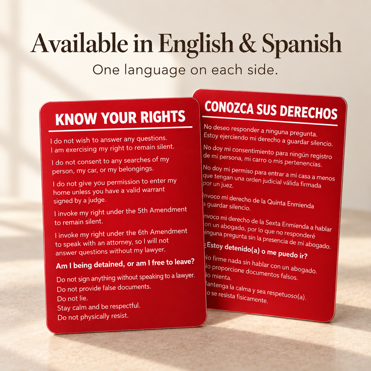 Know Your Rights Card, Laser Engraved Aluminum Wallet Card in English and Spanish