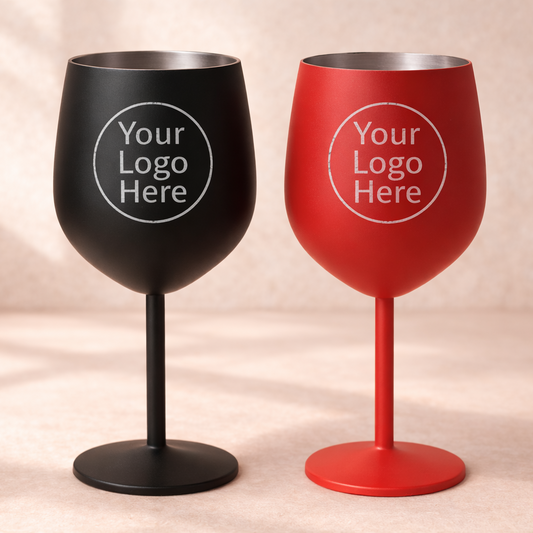 Black and red wine glasses with 'Your Logo Here' text on a beige background