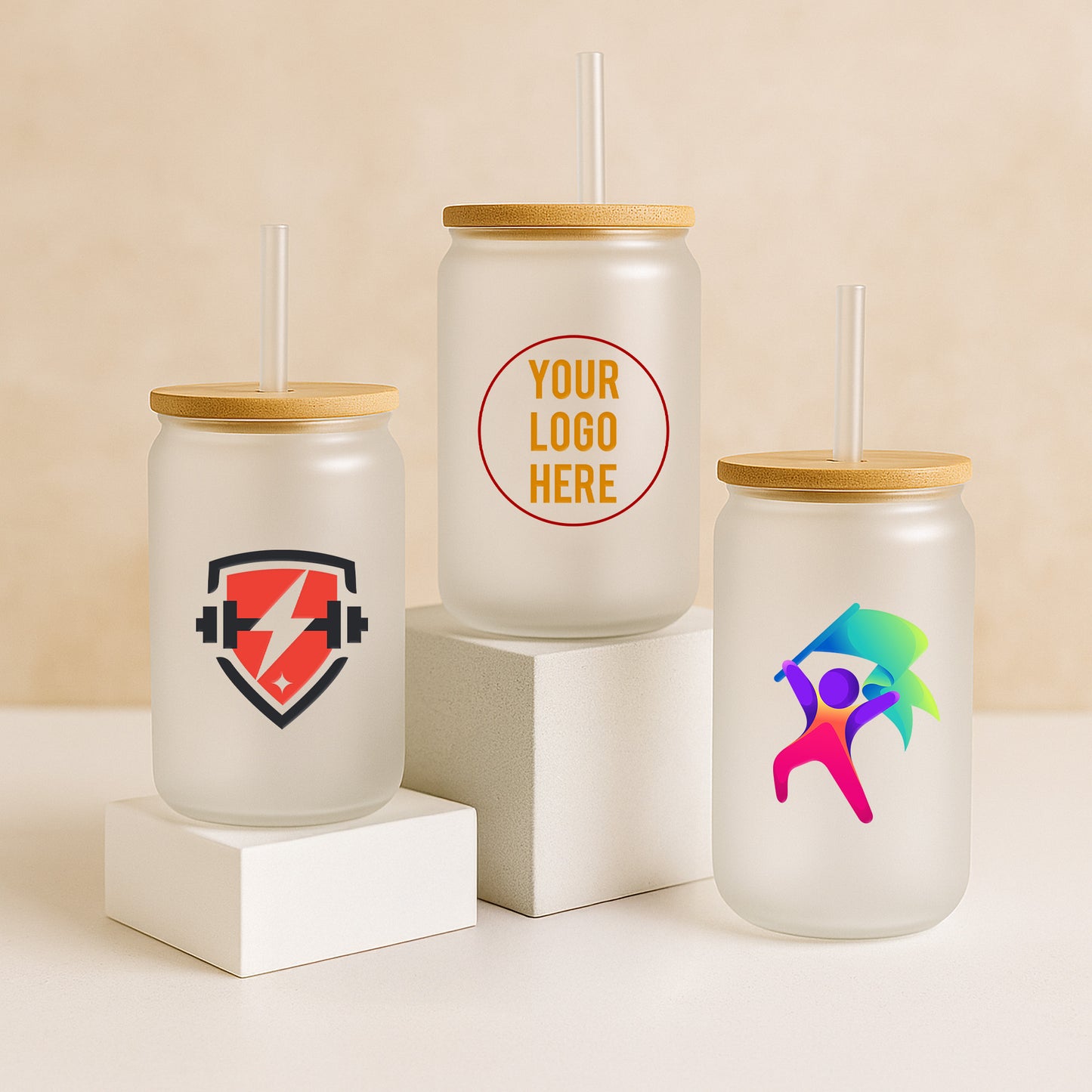 Custom Promotional Logo Frosted Glass Can Cups With Lids & Straws