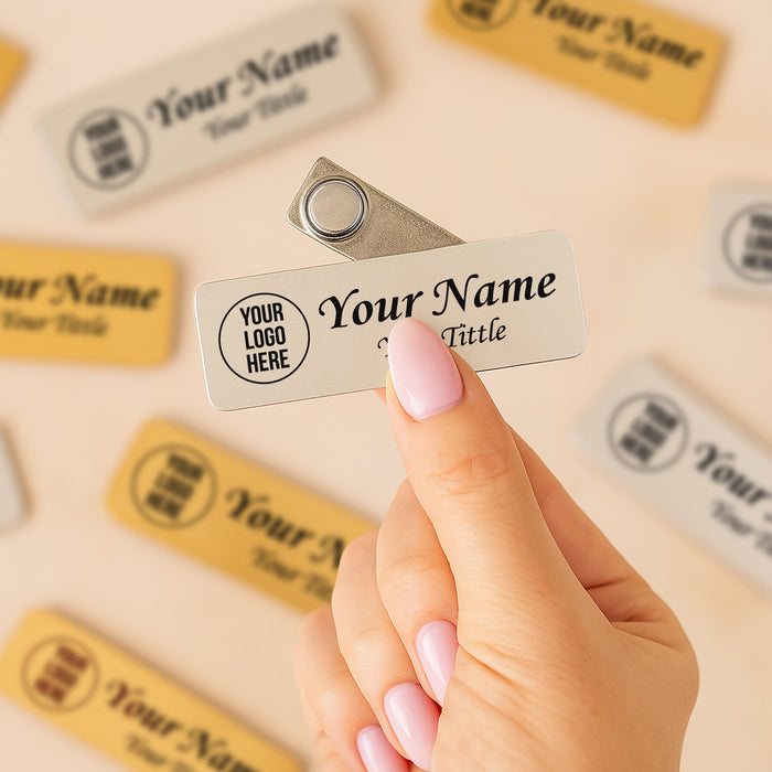 Custom metal name tags with company logo, name and title, magnetic back - Famgraving