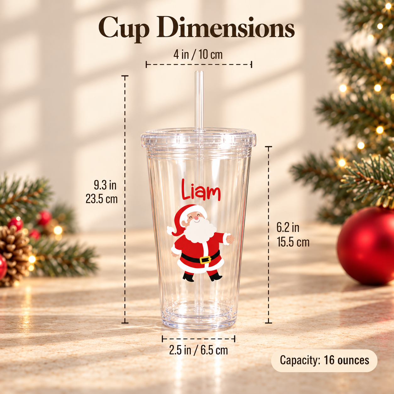 Personalized Christmas Tumbler for Kids, 16oz Clear Cup with Name