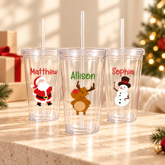 Personalized Christmas Tumbler for Kids, 16oz Clear Cup with Name