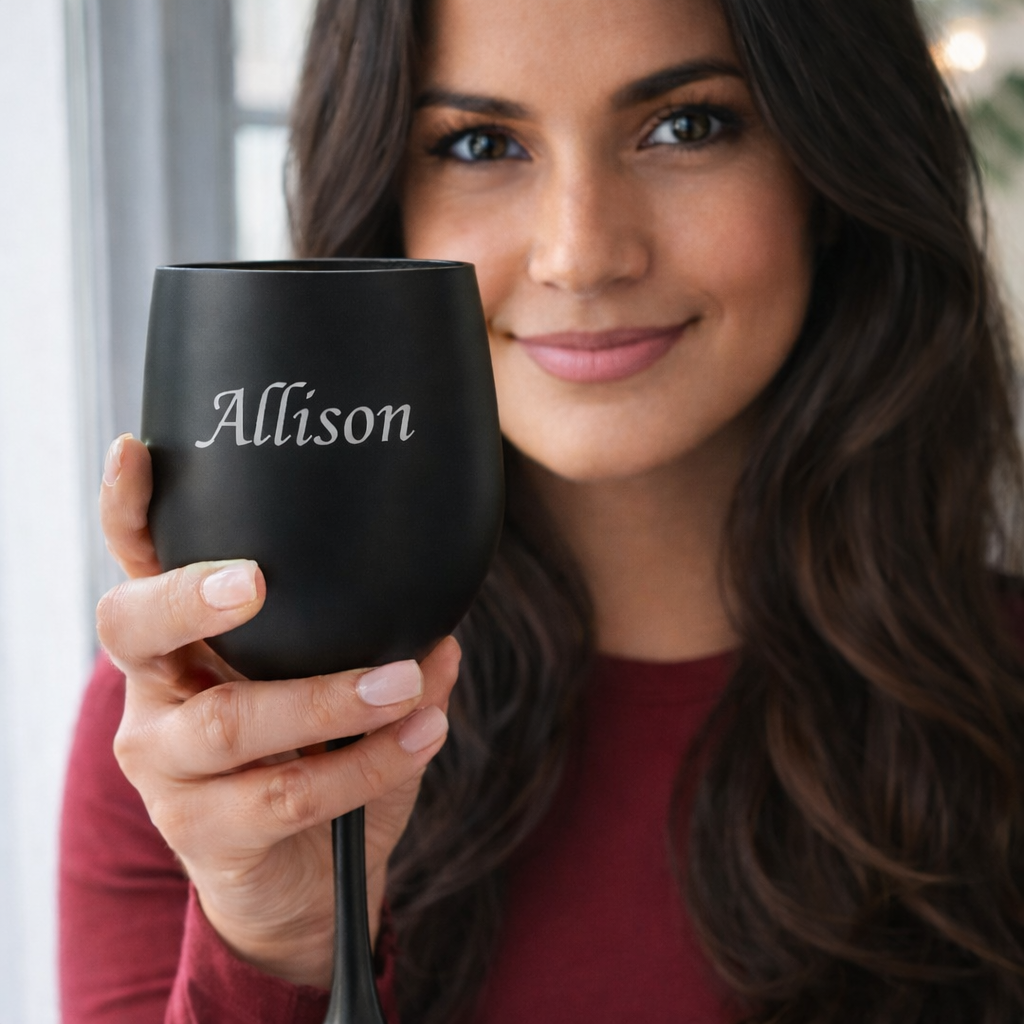 Woman holding a black wine tumbler with 'Allison' engraved on it.