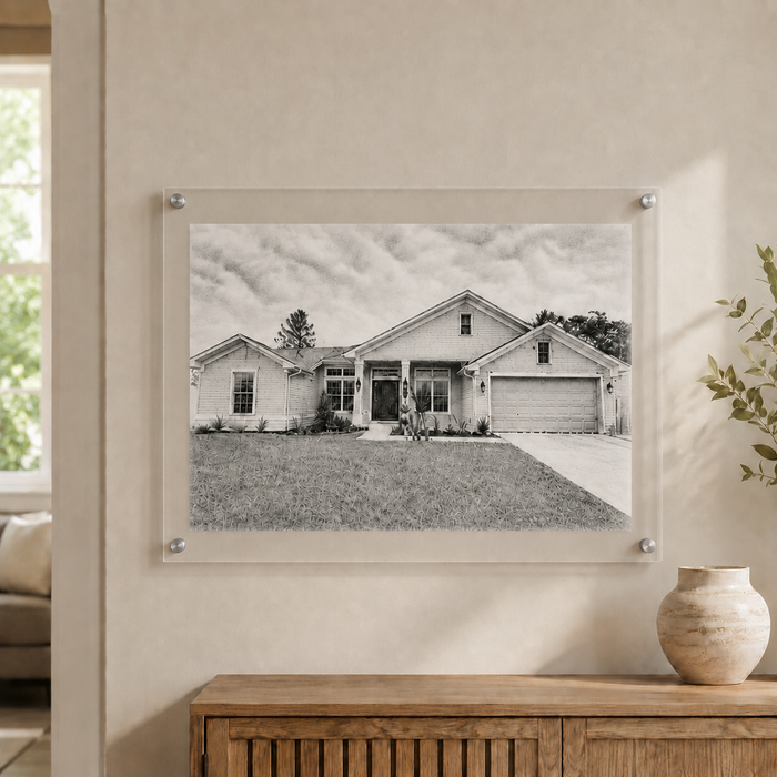 Personalized house portrait drawing printed on an acrylic wall sign with silver standoff hardware