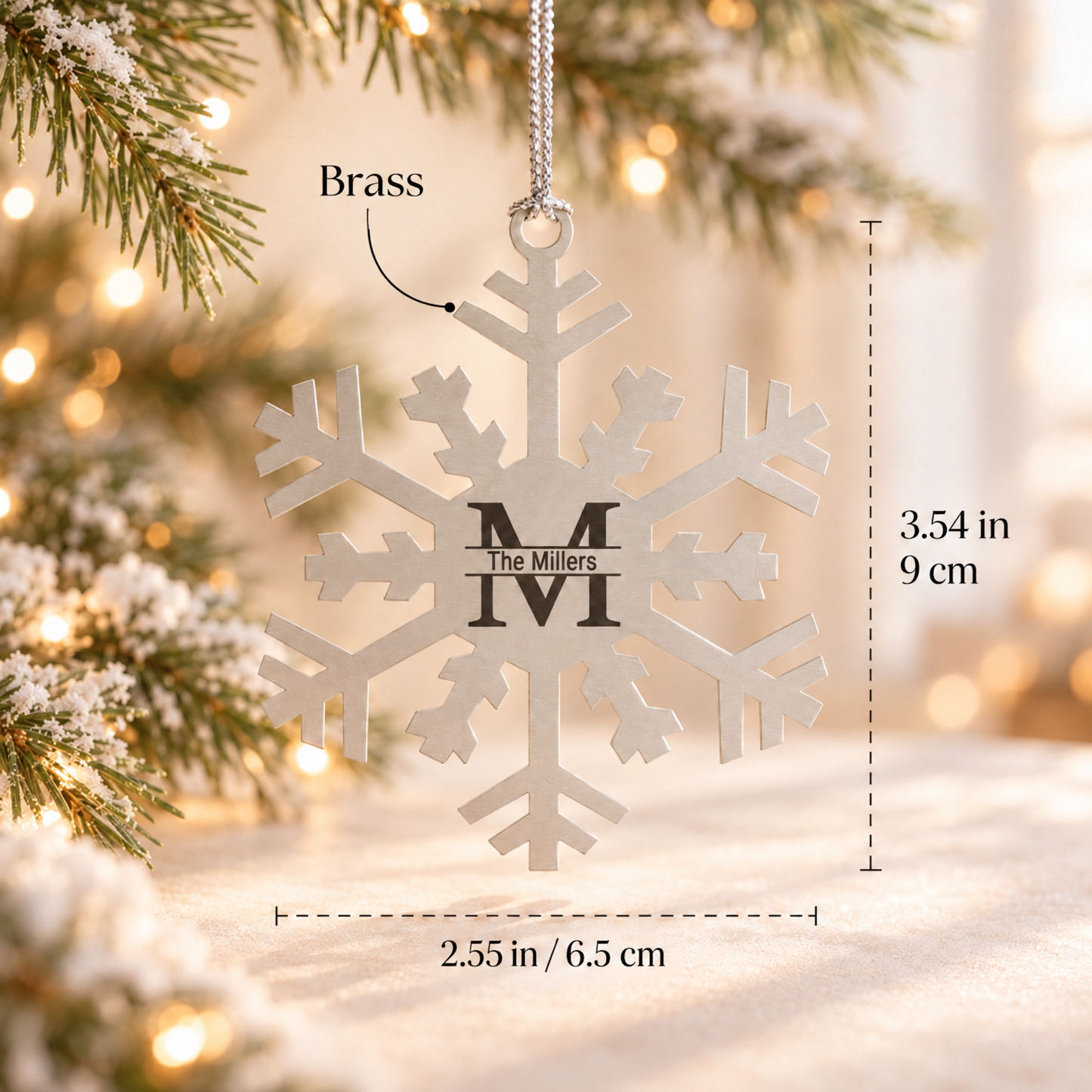 Brass snowflake ornament size 3.54 x 2.55 inches engraved with The Millers monogram