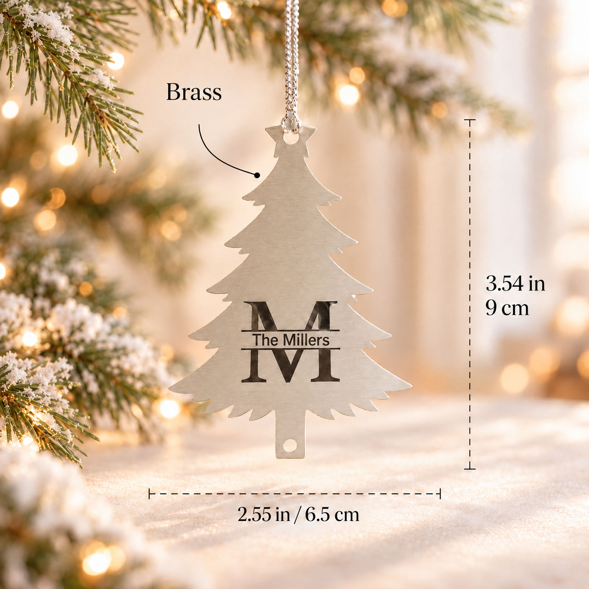 Brass Christmas tree ornament size 3.54 x 2.55 inches engraved with The Millers monogram