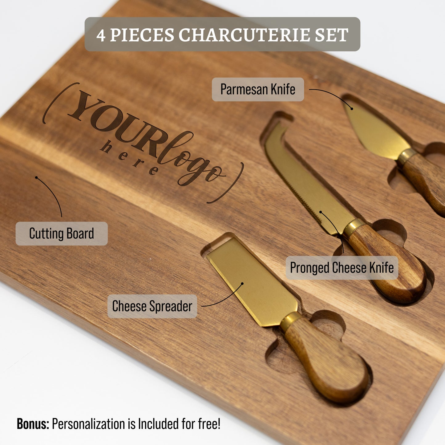 Personalized Charcuterie Acacia Board 4 pieces Set