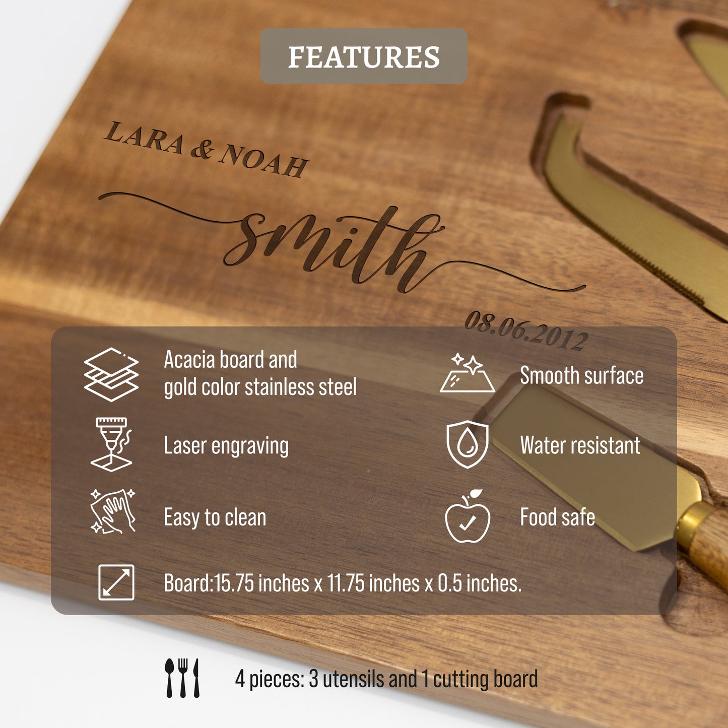 Personalized Charcuterie Acacia Board 4 pieces Set