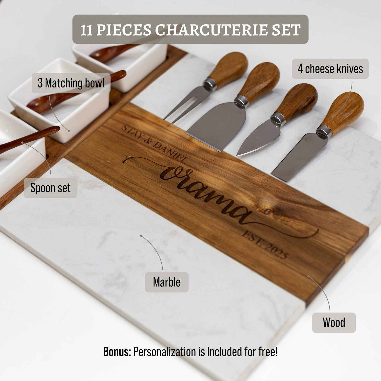 Personalized Charcuterie Marble Board 11 pieces Set