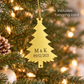 Gold Christmas tree ornament engraved with initials and date, hanging cord included