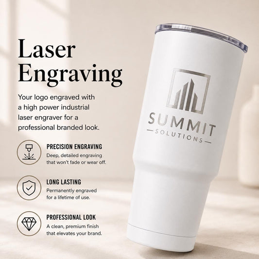 Laser finish logo on a 30oz white tumbler