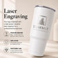Laser finish logo on a 30oz white tumbler