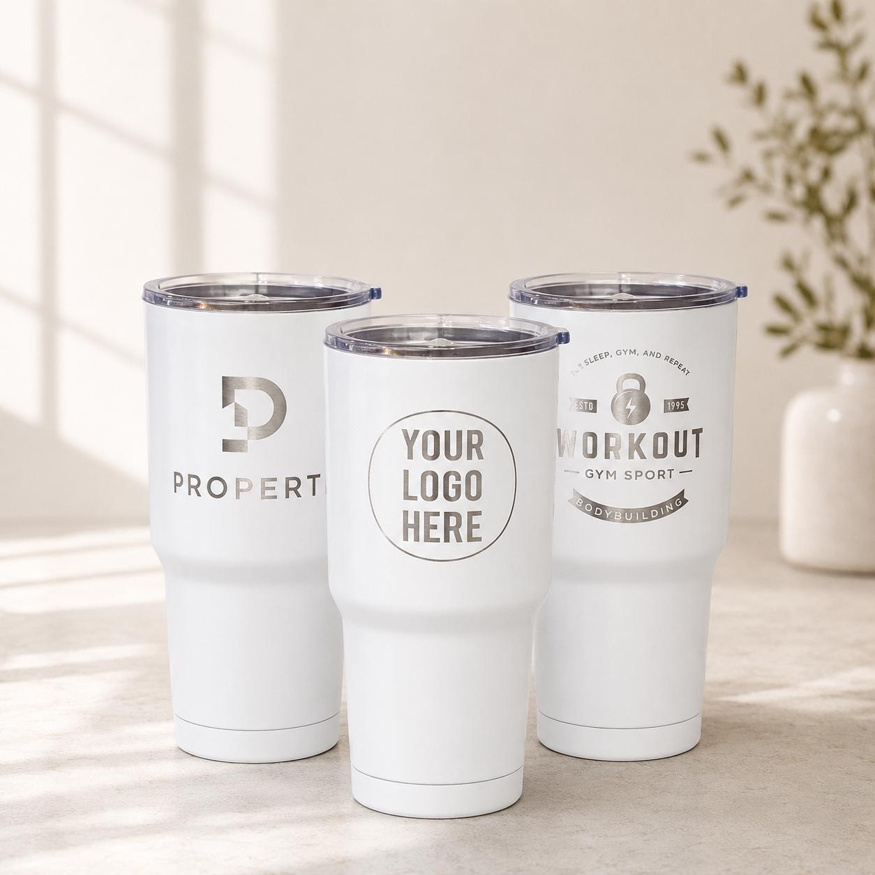 Custom 30oz logo tumbler with silver laser finish
