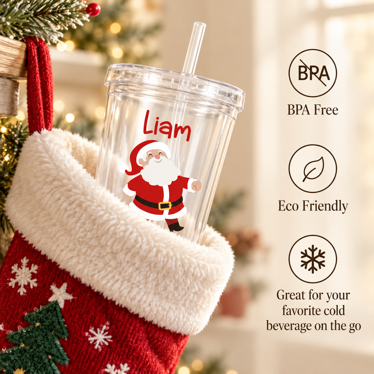 Personalized Santa Christmas cup for kids in a stocking as a stocking stuffer, BPA free
