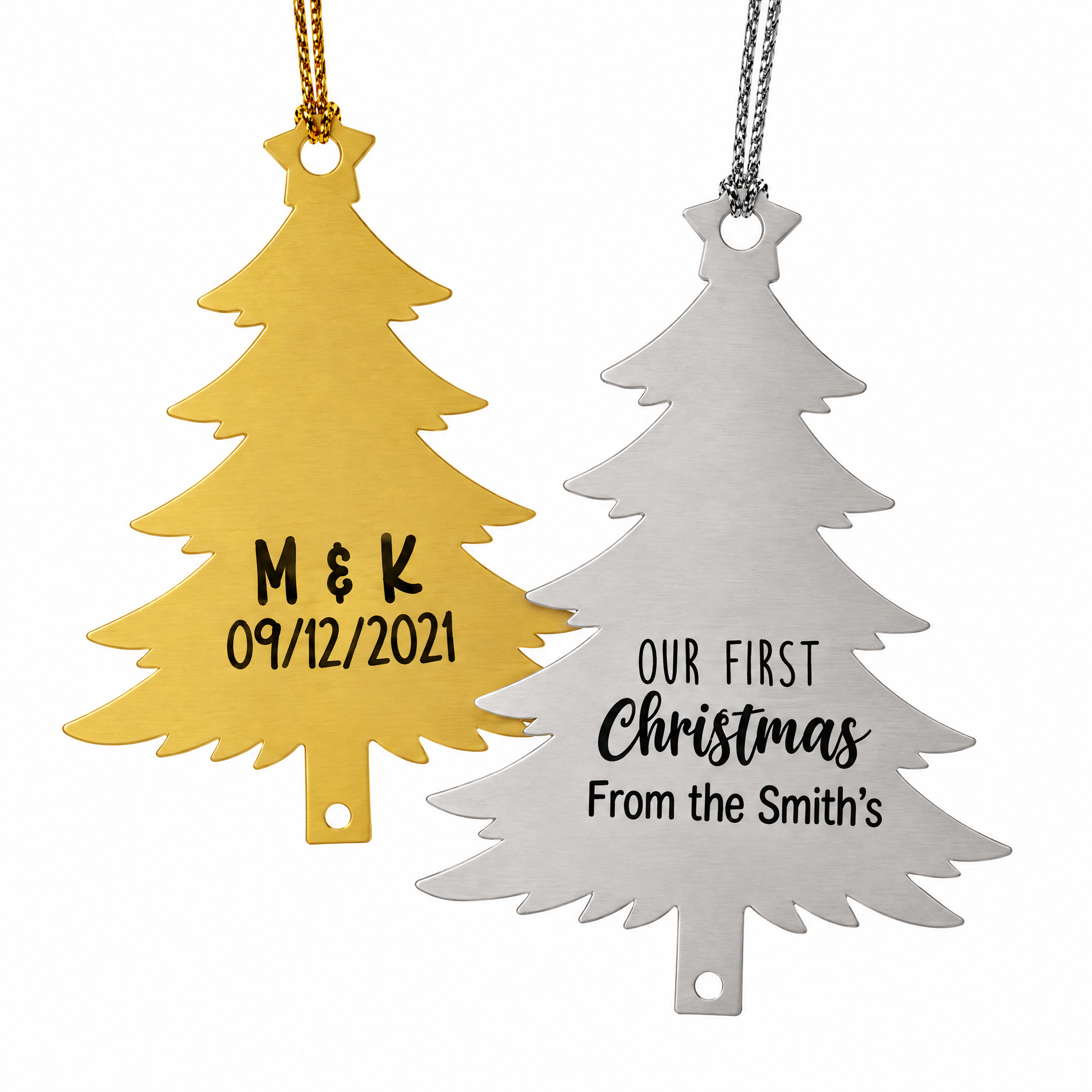 Gold tree ornament engraved with couple initials and wedding date and silver Our First Christmas tree ornament