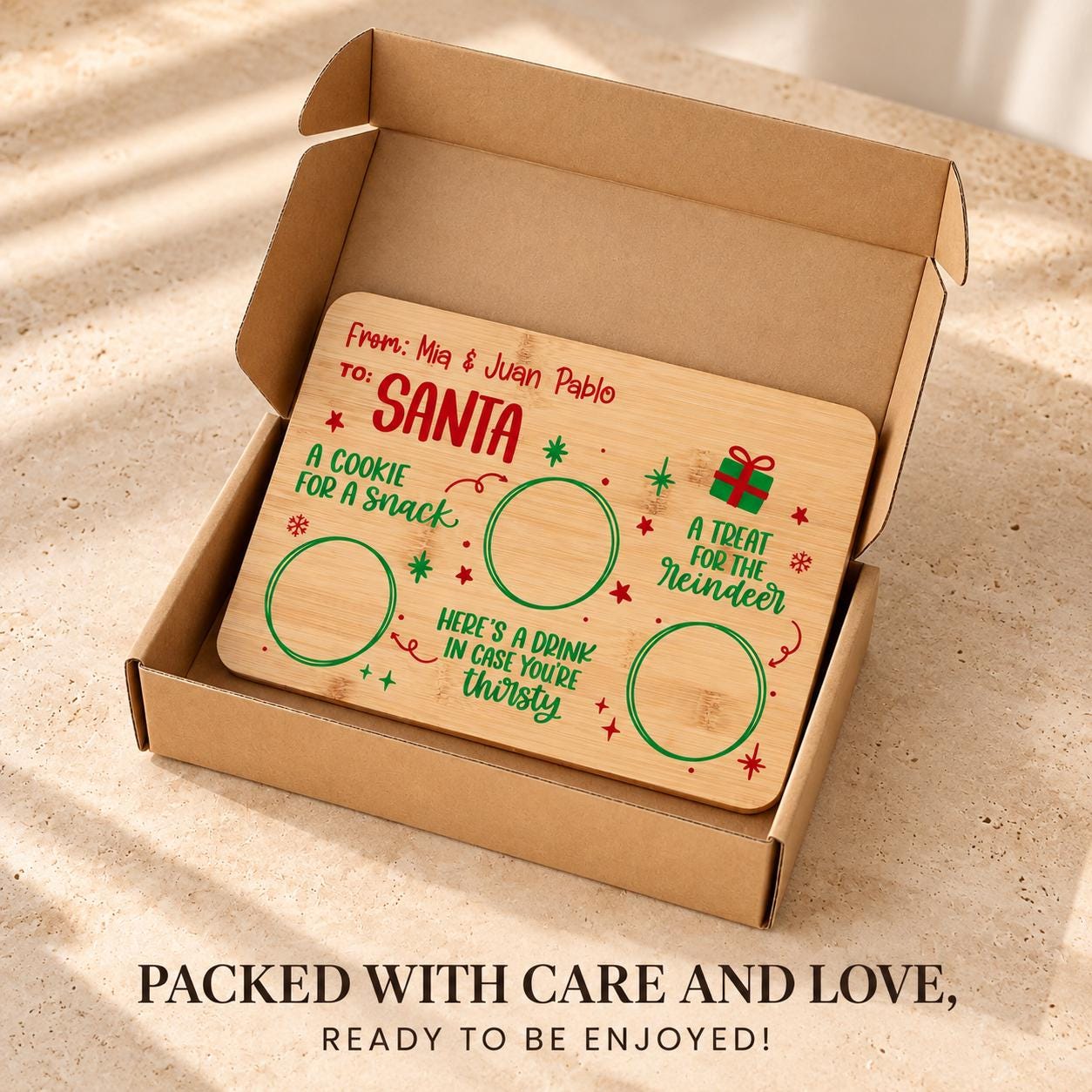 Personalized Santa cookie tray packed in a kraft gift box
