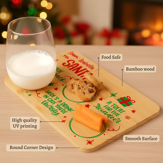 Bamboo Santa tray with milk and cookies, UV printed, food safe and rounded corners