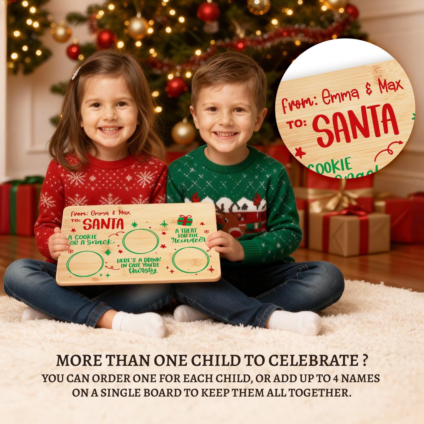 Two kids holding a Santa cookie tray with up to 4 names on one board
