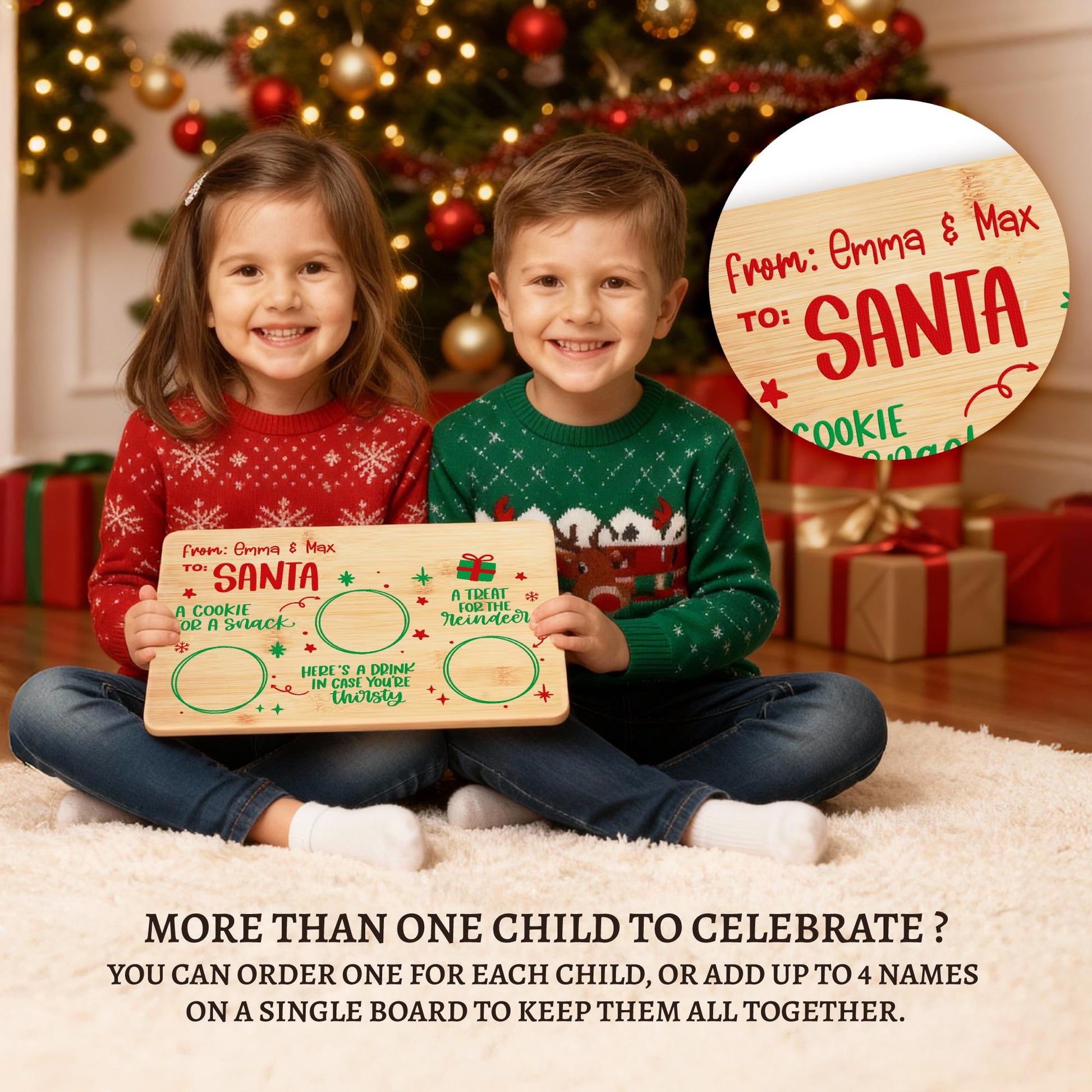 Two kids holding a Santa cookie tray with up to 4 names on one board
