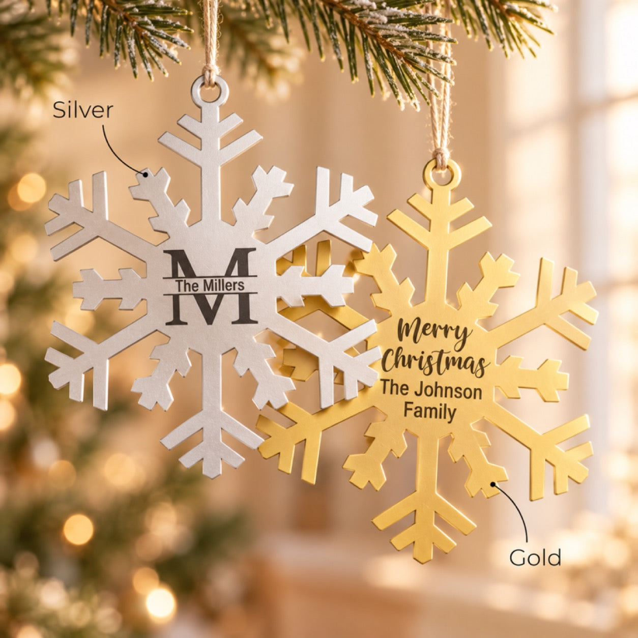 Personalized snowflake ornaments in silver with a monogram and gold with Merry Christmas The Johnson Family