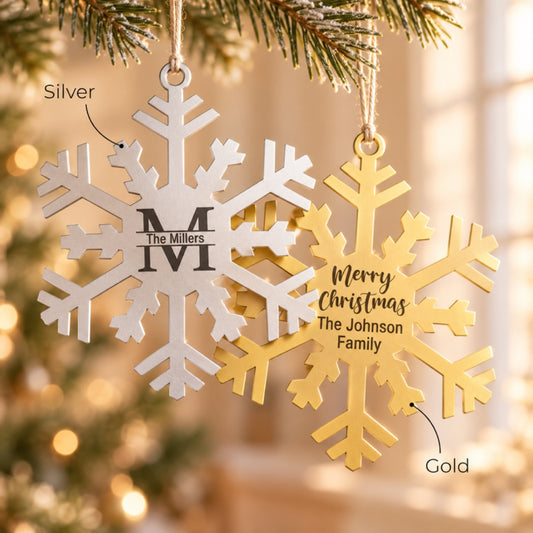 Personalized snowflake ornaments in silver with a monogram and gold with Merry Christmas The Johnson Family