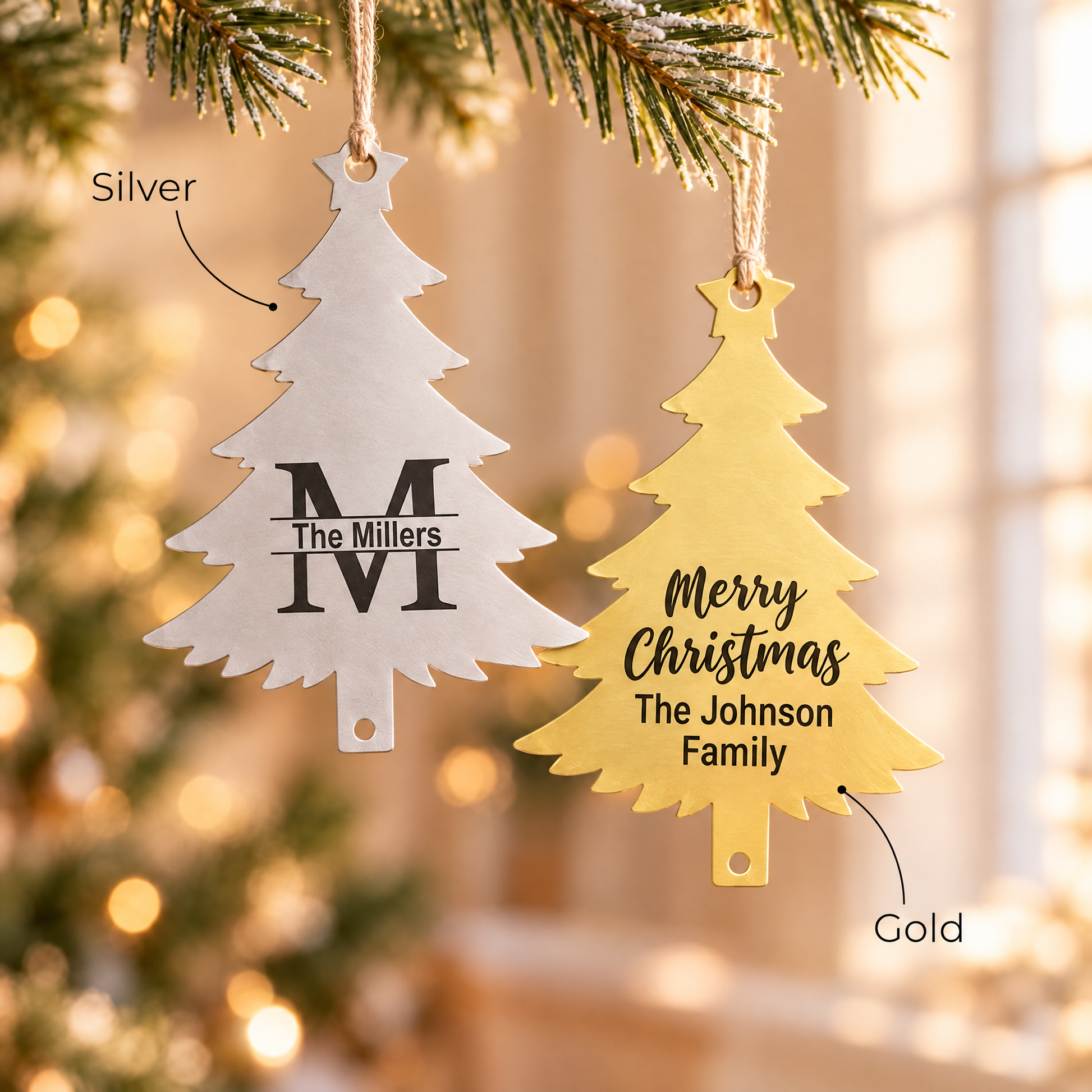 Personalized Christmas tree ornaments in silver with a monogram and gold with Merry Christmas The Johnson Family