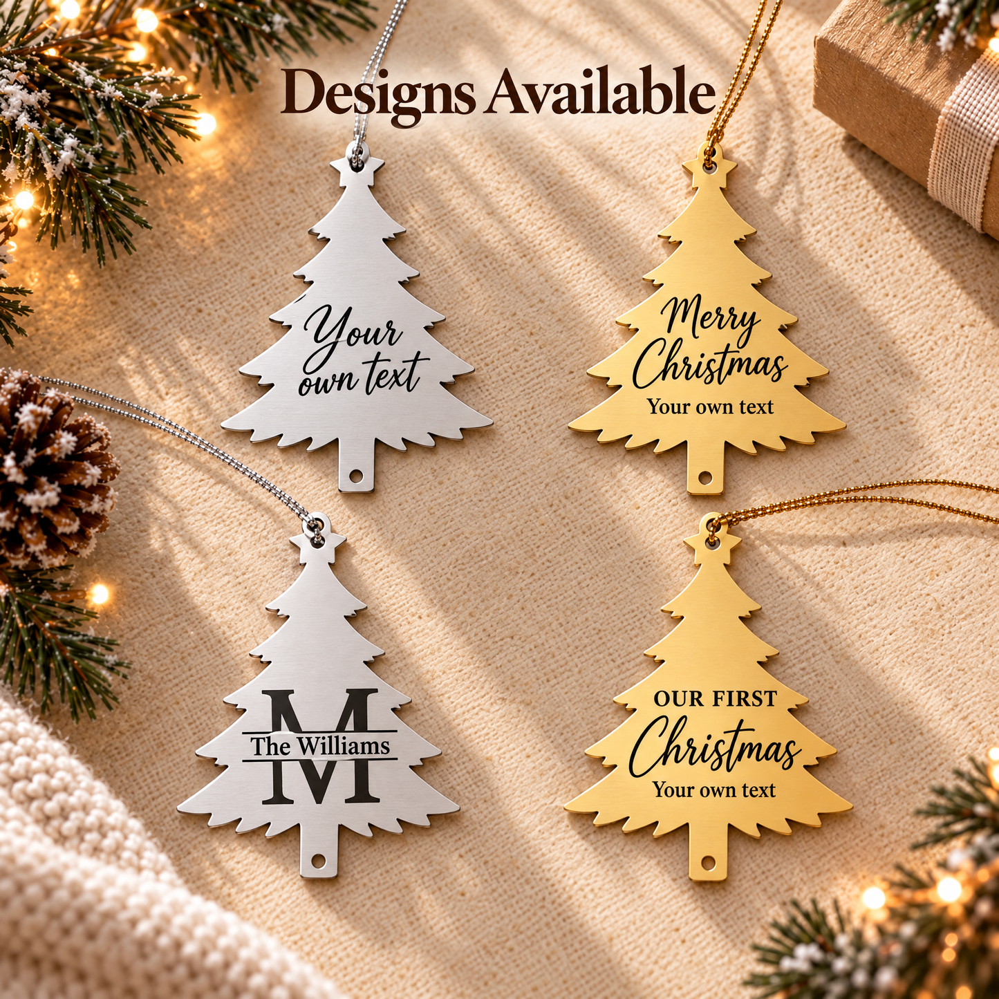 Four engraving designs on Christmas tree ornaments: your own text, Merry Christmas, monogram and Our First Christmas
